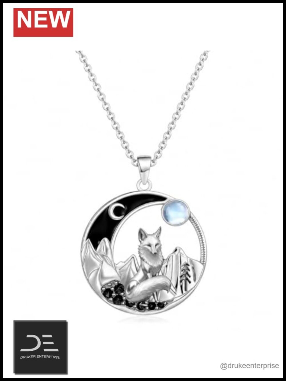 925 Sterling Silver Fox Moon Pendant Necklace Gothic Women Jewelry